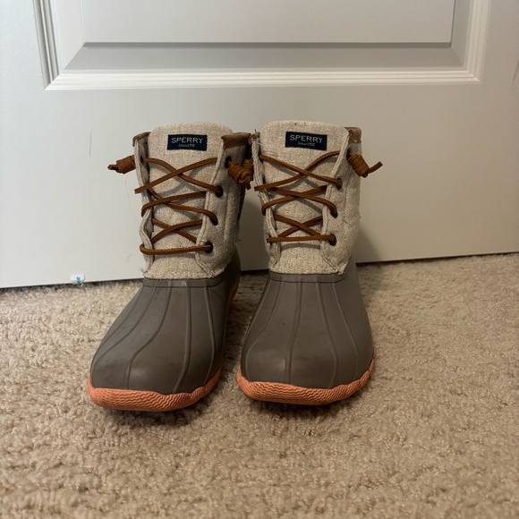 Womens Pink and Gray Sperry Duck Boots - Picture 1 of 4